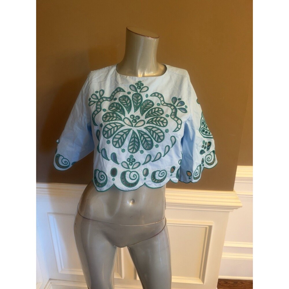 Farm Rio Light Blue And Green Graphic Richelieu Crop Top Sz XS